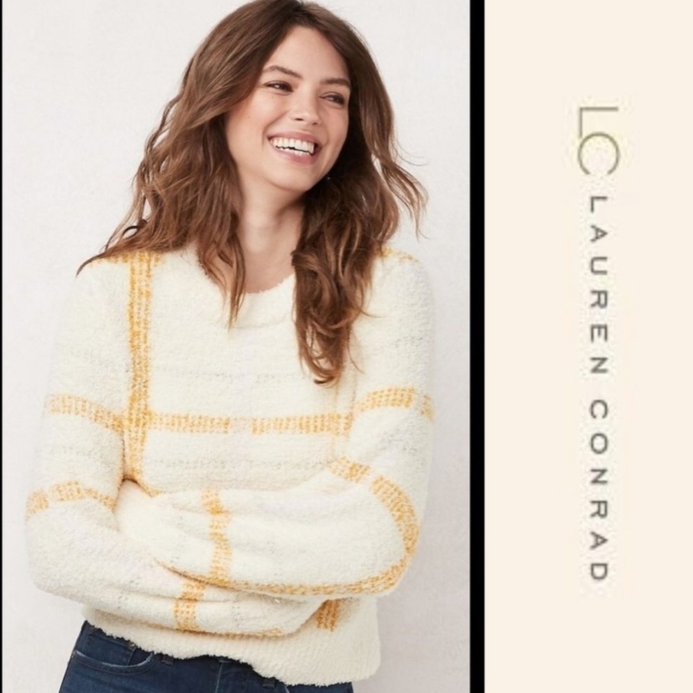LC Lauren Conrad Cream Yellow Grey Plaid Fuzzy Sweater Women's Small S Cute EUC